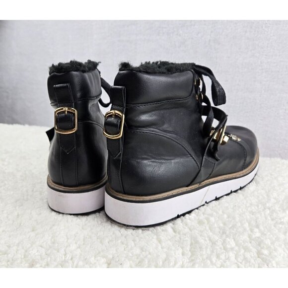 Ankle Boots Urban Hiking Black Lace-Up ARI Justfab Faux Shearling Gold Tone Buck - Picture 3 of 15